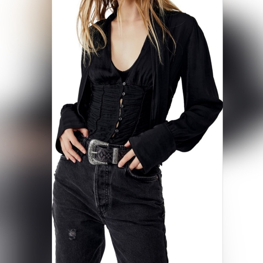 Free people NWT Meet Me There Black Long Sleeve Button Cuff Button down Blouse